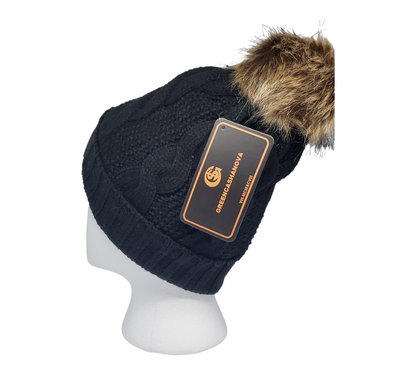 Black- Female Winter Solid Color Knitted Pom Pom Beanies